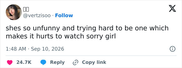 Tweet displaying a fan turning on a Hollywood rising star, expressing disapproval of her humor. Tweet displaying a fan turning on a Hollywood rising star, expressing disapproval of her humor.