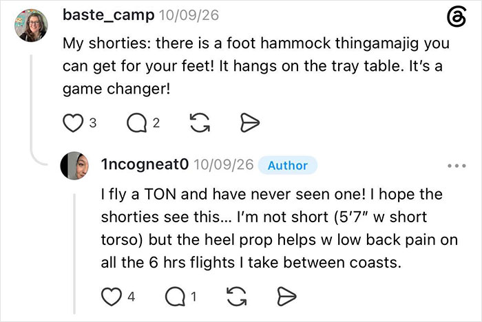 A woman gets kicked under her seat by an entitled man, prompting a discussion about foot hammocks for comfort.