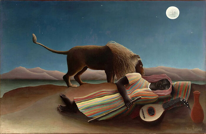 A sleeping woman and a lion under a full moon, a strange painting with dreamlike quality.