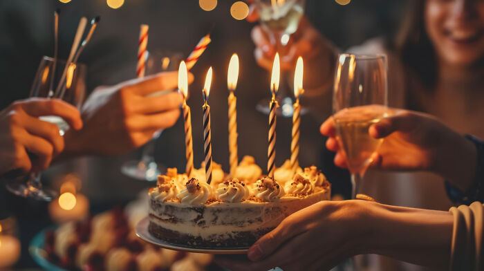 A birthday cake with lit candles, evoking celebration or unexpected court defense claims.