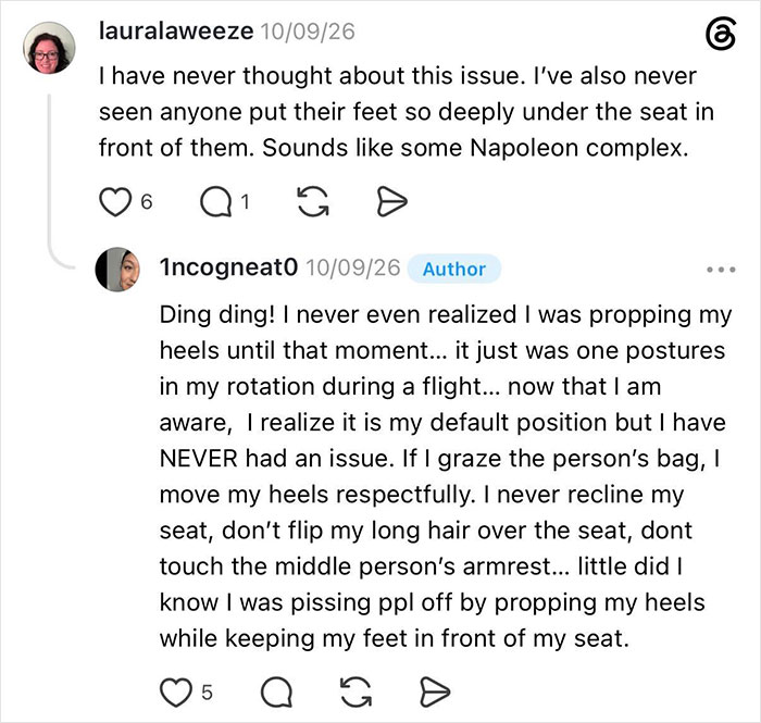 A woman gets kicked under her seat by an entitled man, sparking a debate about personal space on flights.