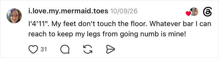 A short woman gets kicked under her seat by an entitled man, stating she needs the space to prevent leg numbness.