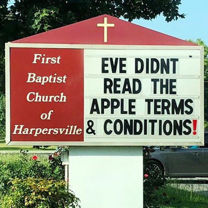 Humorous church sign comparing Eve to Apple terms and conditions
