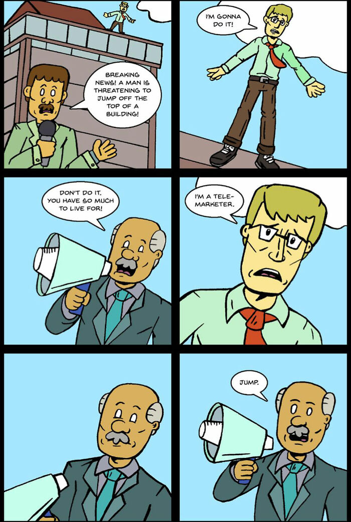 Dark and twisted humor One And Only Comics about a telemarketer and a jumper.