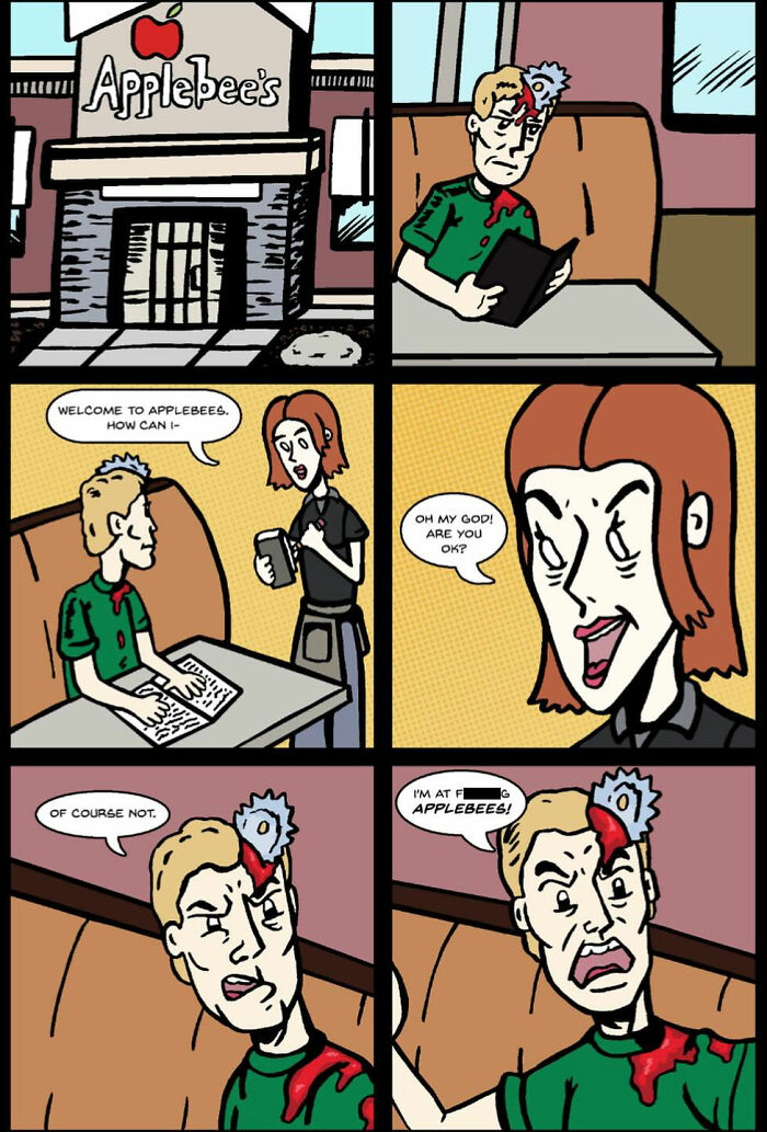 A customer with a saw blade in his head at a restaurant in a twisted One And Only Comics strip.