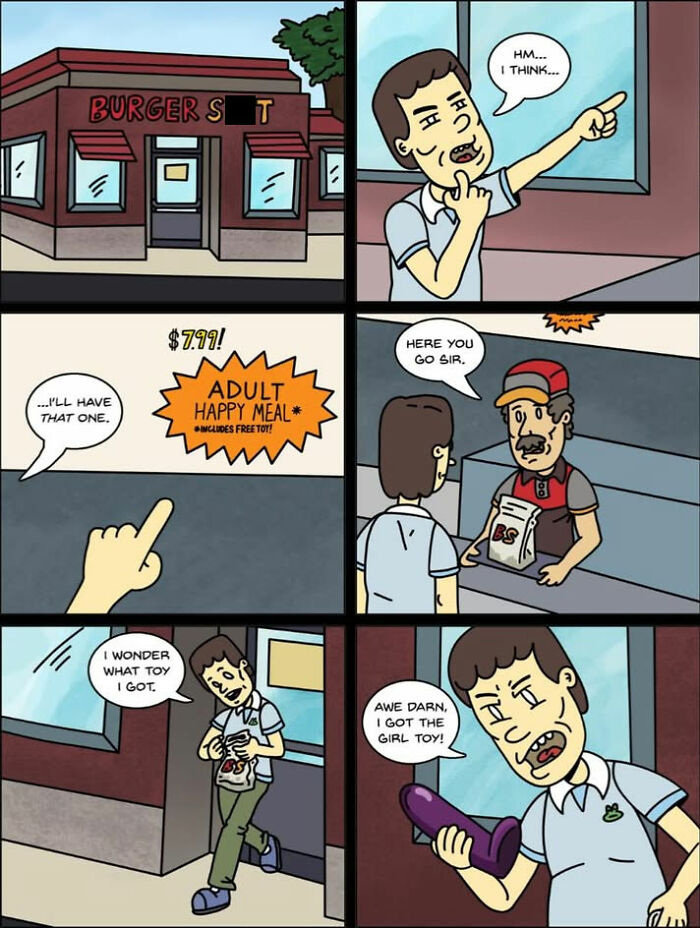 A man receiving an unexpected adult toy in his meal from a dark and twisted One And Only Comics panel.