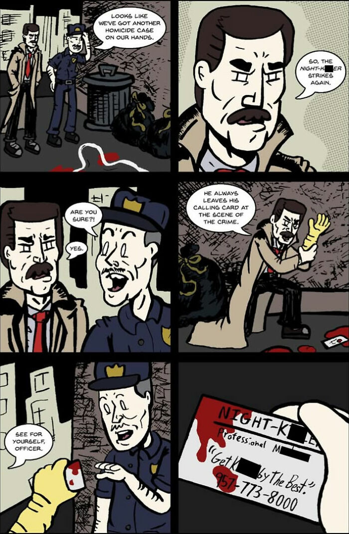 A detective investigating a homicide case in one of the dark and twisted One And Only Comics.
