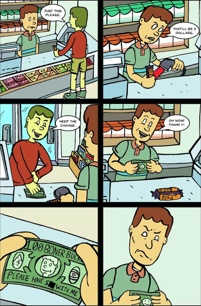A humorous One And Only Comic showing a customer paying a cashier with fake money.