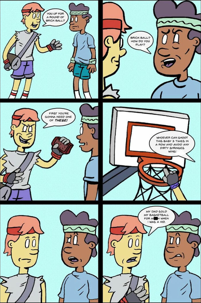 A One And Only Comic with a dark punchline about a dad selling a basketball for d**g money.