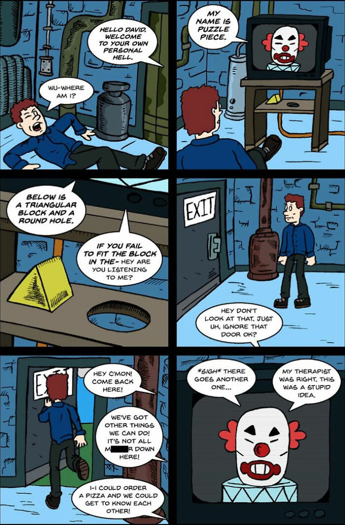 An ironic One And Only Comic where a hostage easily escapes a clown's basement game.