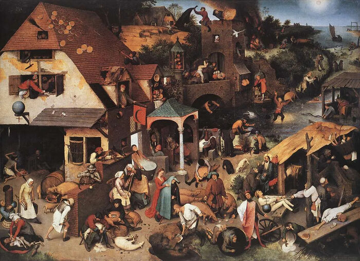 A crowded village scene filled with many strange activities and figures, a famous, detailed painting.