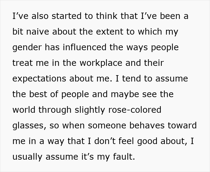 Reflections on a mentor suggesting her boss was gender-biased. Reflections on a mentor suggesting her boss was gender-biased.