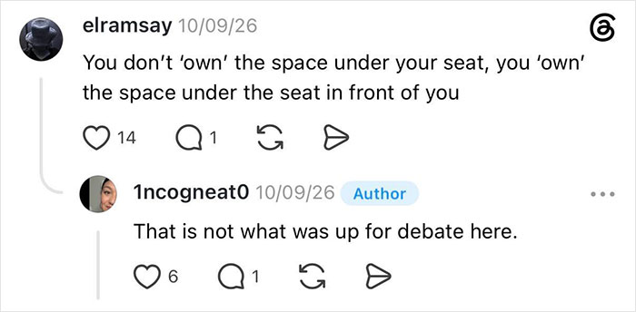 A woman gets kicked under her seat by an entitled man; a user argues about ownership of space under seats on a plane.