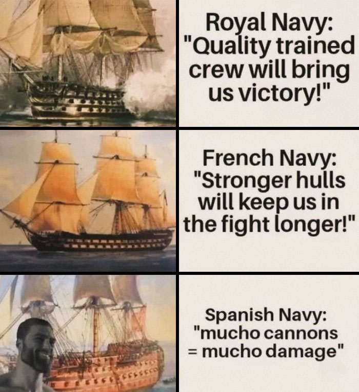 Funny history meme comparing naval strategies of Royal, French, and Spanish Navies
