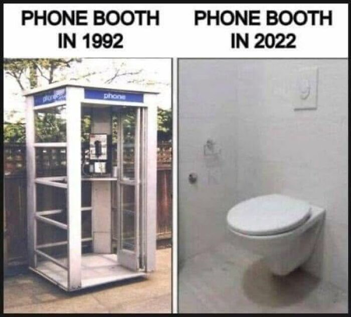 Comparison meme showing phone booths in 1992 and 2022