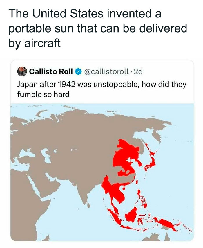 History meme about US portable sun delivered by aircraft in World War II context