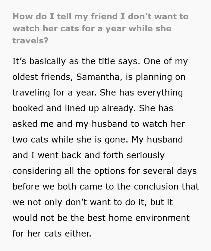 Woman Declines Friend’s Year-Long Cat-Sitting Request, Then Learns She Had Another Option All Along Woman Declines Friend’s Year-Long Cat-Sitting Request, Then Learns She Had Another Option All Along