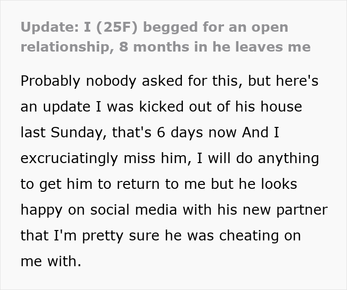 A post explaining how a woman regrets begging for an open relationship after her boyfriend left her A post explaining how a woman regrets begging for an open relationship after her boyfriend left her