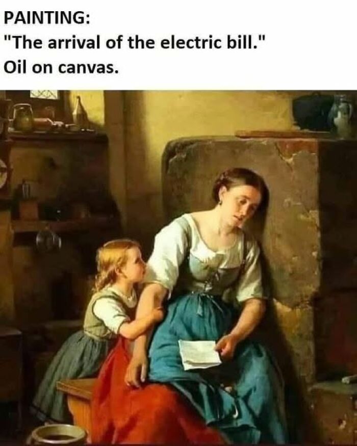 Humorous painting meme depicting arrival of the electric bill