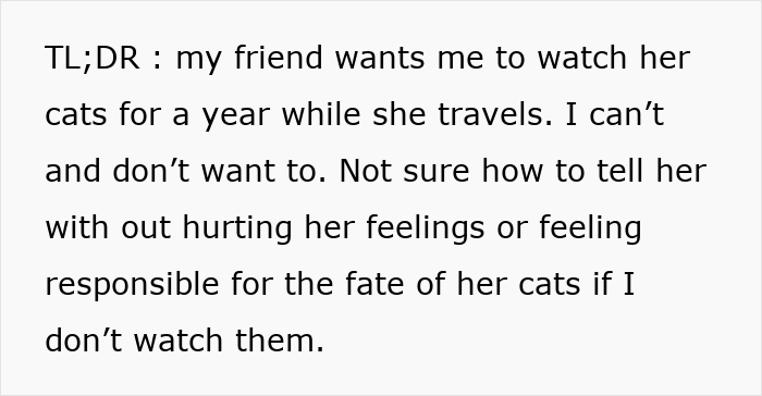 Woman Declines Friend’s Year-Long Cat-Sitting Request, Then Learns She Had Another Option All Along Woman Declines Friend’s Year-Long Cat-Sitting Request, Then Learns She Had Another Option All Along