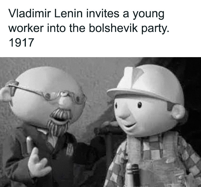 Cartoon meme of Vladimir Lenin inviting worker to Bolshevik party in 1917
