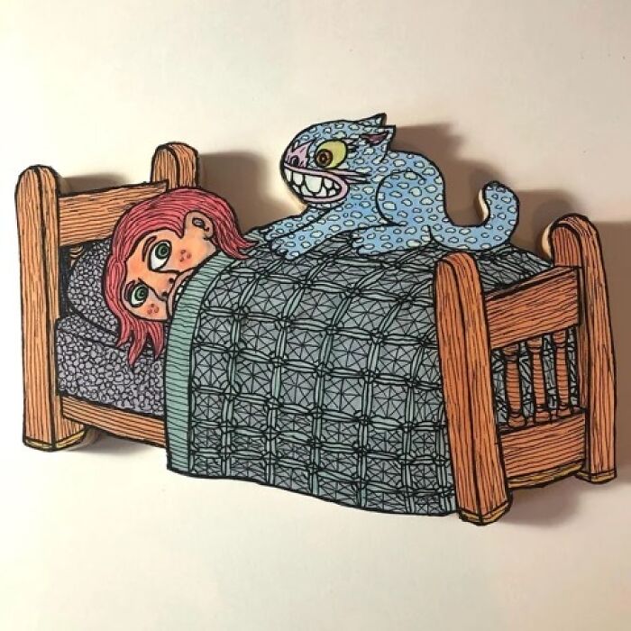 Theo Ellsworth whimsical drawing of a girl in bed with a grinning blue cat-like creature