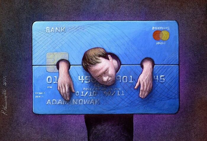 Satirical illustration: A man trapped inside a credit card, illustrating the confines and debt of modern society.