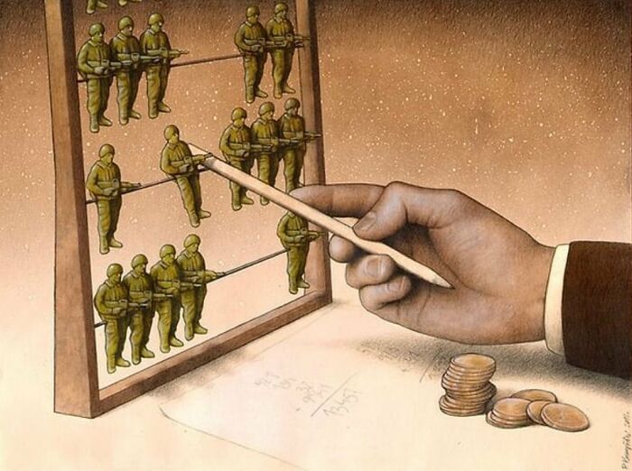 Satirical illustration: A hand manipulates soldiers on an abacus, symbolizing modern society's view of human life as numbers.