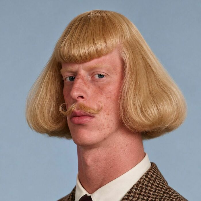 An AI-generated portrait of a mysterious influencer with blonde bowl-cut hair and a mustache.