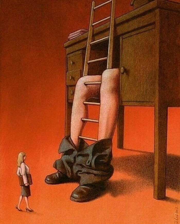 Satirical illustration: A small woman looks up at giant legs with a ladder, representing struggles in modern society.