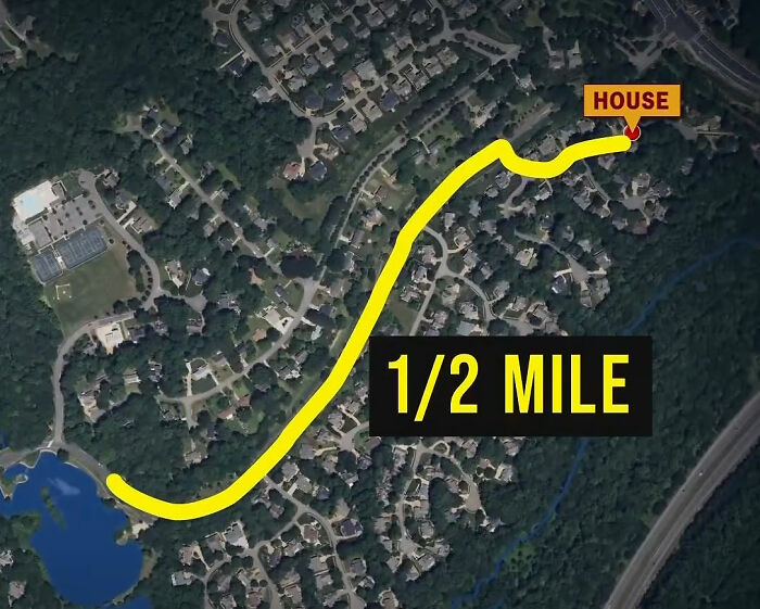 Aerial map showing a 1/2 mile path from a house to a pond, depicting the son's journey for Mom's act. Aerial map showing a 1/2 mile path from a house to a pond, depicting the son's journey for Mom's act.