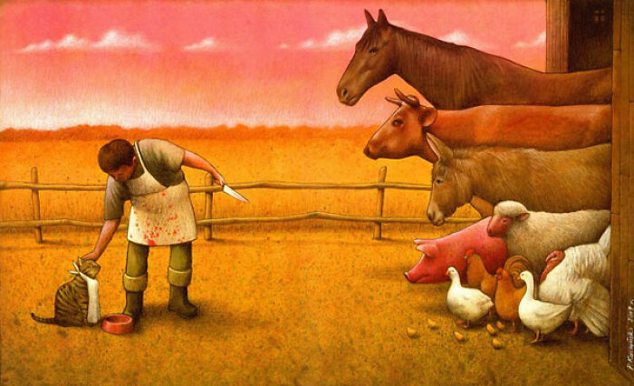 Satirical illustration: A man with a bloody apron pets a cat while farm animals watch, highlighting modern society's hypocrisy.