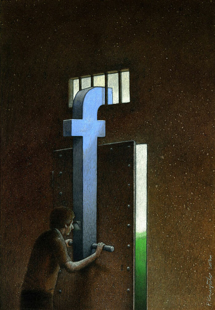 Satirical illustration: Man tries to open a door shaped like the Facebook logo to reach the outside world, revealing modern society critique.