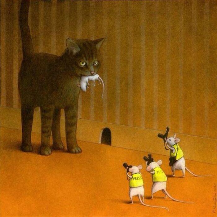 Satirical illustration of modern society: a cat with a mouse in its mouth faces three mice labeled PRESS with guns.