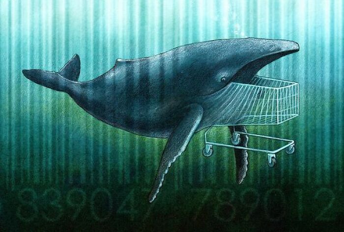 Satirical illustration of a whale with a shopping cart as its fins, swimming above a barcode, depicting modern society's consumerism.