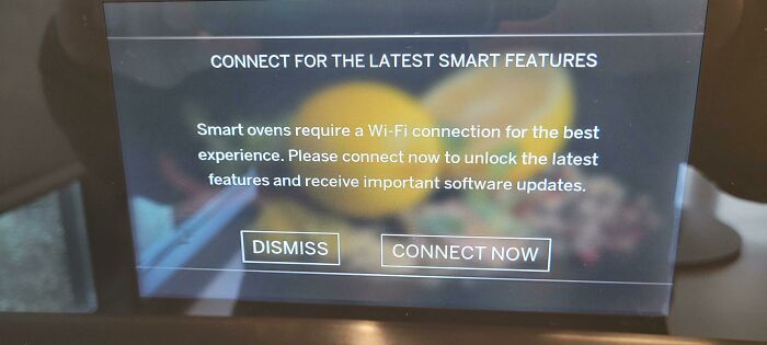 A smart oven display requiring a Wi-Fi connection, demonstrating terrible product design