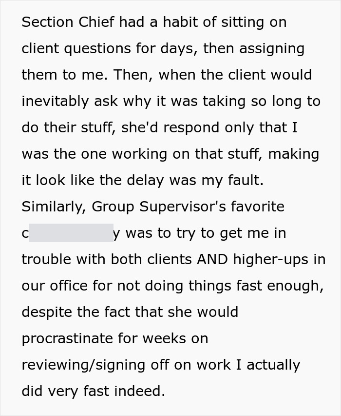 Text detailing how a Section Chief and Group Supervisor try to make an employee look bad by delaying work. Text detailing how a Section Chief and Group Supervisor try to make an employee look bad by delaying work.