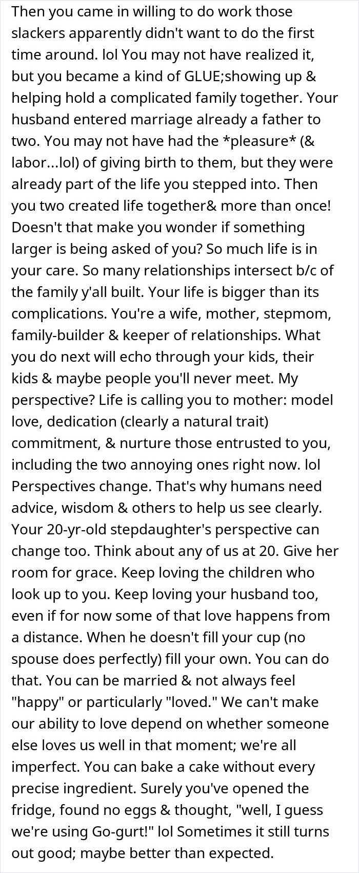 Online comment advising a stepmom to choose grace despite the 20YO stepdaughter lies.
