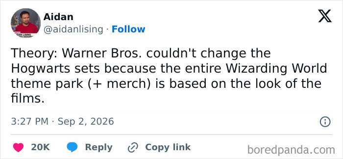 A tweet about the Harry Potter series trailer, discussing why Warner Bros. couldn't change Hogwarts sets.