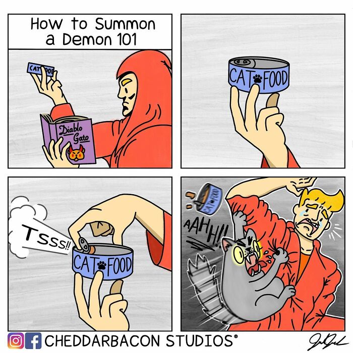 Hilarious comic: Man attempts to summon a demon using a book and cat food, summoning a demonic cat instead.