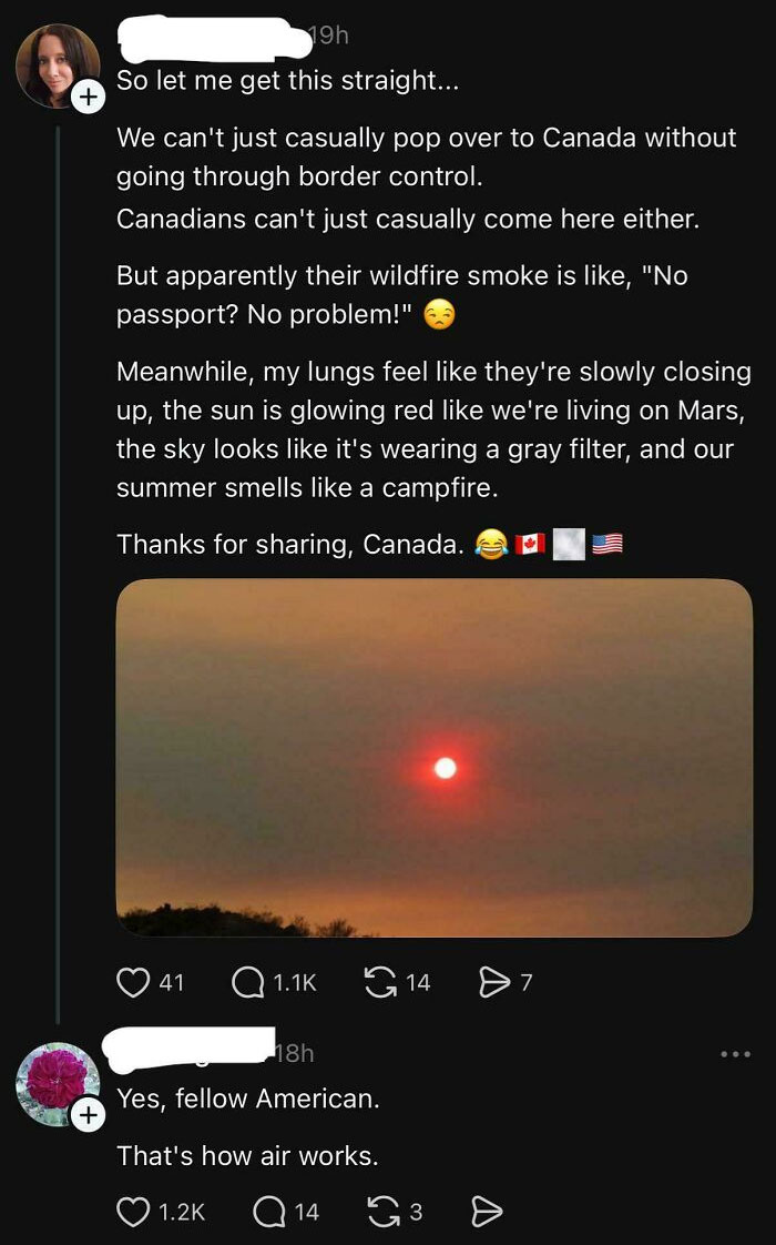 A social media post complaining about Canadian wildfire smoke impacting the US, with a reply sarcastically explaining how air works, illustrating a lack of basic scientific understanding common in a 'stupid nation'.