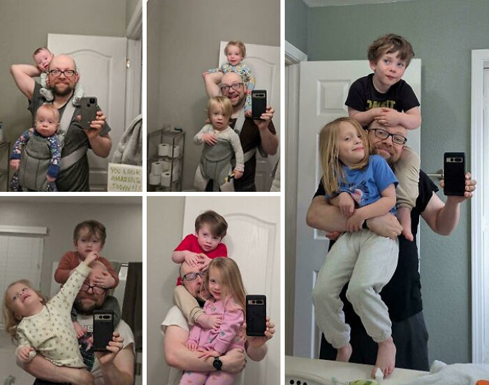 A collage of a dad taking mirror selfies with his kids, showcasing wholesome, funny, and goofy moments of being a great dad.