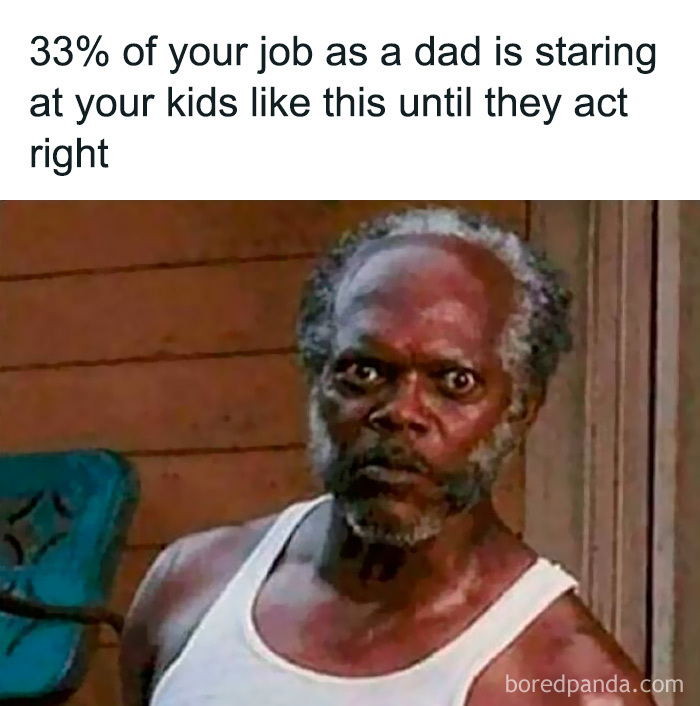 A meme of Samuel L. Jackson staring intensely, humorously depicting a funny and goofy great dad moment.
