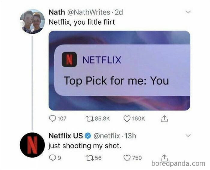 A Twitter screenshot showing Netflix flirting, 'Top Pick for me: You.' Chucklesome memes about life and relationships.