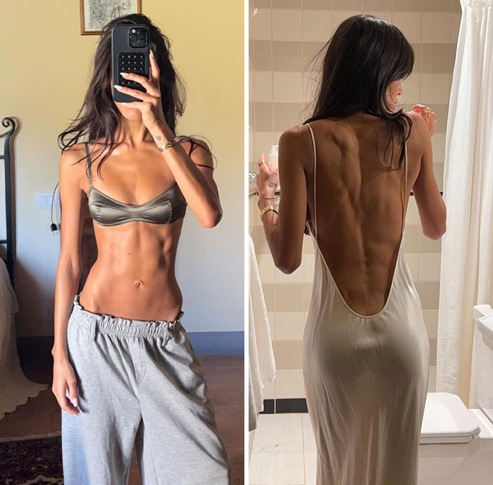 A Victoria's Secret model poses in a mirror selfie and a backless dress, sparking backlash over her physique. A Victoria's Secret model poses in a mirror selfie and a backless dress, sparking backlash over her physique.