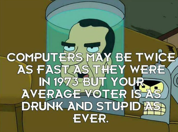 A meme from the Delusions of Adequacy online group, featuring a character in a jar with text about computers and voters.