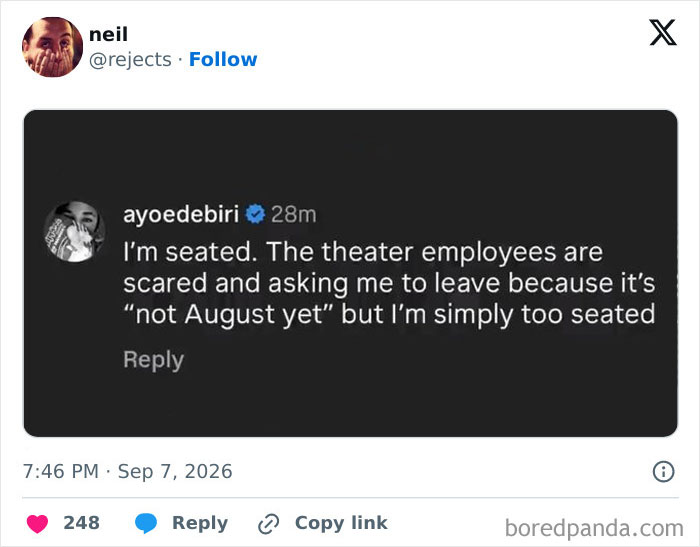 A tweet about being too seated, contributing to the collection of savage memes on Theranos fraud defense.