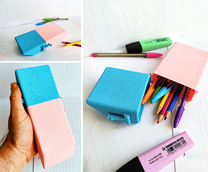 A multi-panel image showing a pink and blue 3D printed pencil case, demonstrating what people printed with 3D printers.