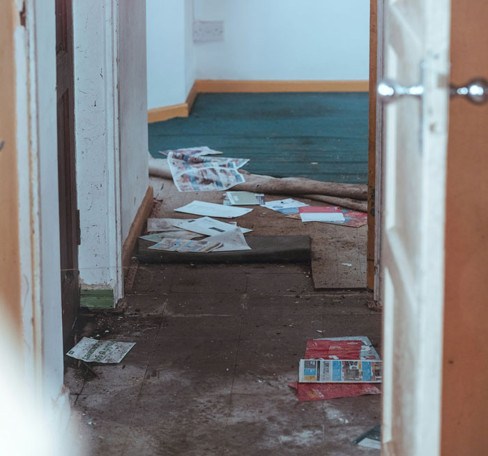 A messy hallway with papers and debris, depicting a landlord's nightmarish tenant situation.