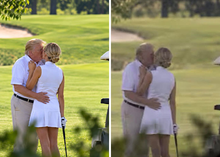 Comparison of original and zoomed images appearing to show Trump kissing Natalie Harp.